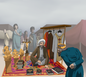 An artwork depicting a priest sitting down and spreading his wares, the sacred books of different religions before him. To his right, there are statues of different gods. To his left, the wardrobe of different religions to change into when needed. A crowd has gathered around him and a king bended down, mulling over his choices.
